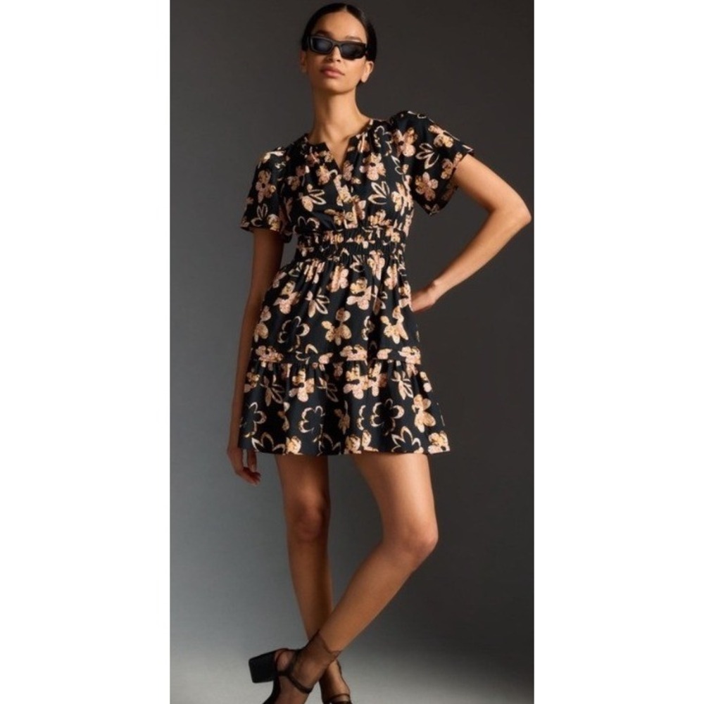 Anthropologie Somerset Mini Dress Petit SP Black Tan Floral Cotton
